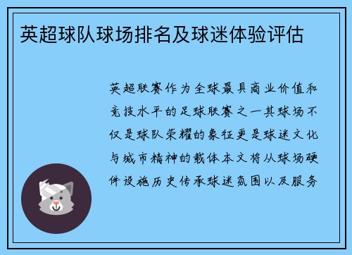 英超球队球场排名及球迷体验评估